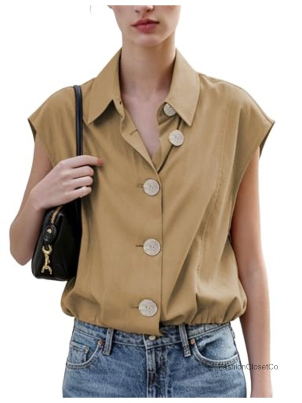 Womens 100% Cotton Cap Sleeve Vest Top Button Down V Neck